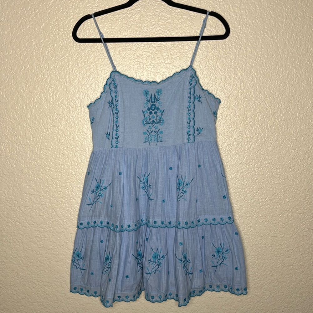 Urban outfitters Hanna Embroidered Scalloped Babydoll Mini Dress, Medium, Blue